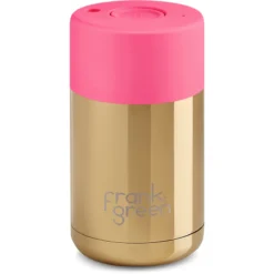 Frank Green Chrome 10oz Limited Edition Gold Ceramic Cup With Neon Pink Push Button Lid