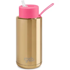 Frank Green Chrome 34oz Limited Edition Gold Ceramic Bottle With Neon Pink Straw Lid
