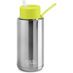 Frank Green Chrome 34oz Limited Edition Silver Ceramic Bottle With Neon Yellow Straw Lid